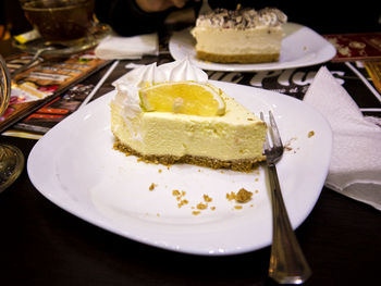 Close-up of cake in plate on table