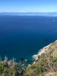 High angle view of sea against blue sky