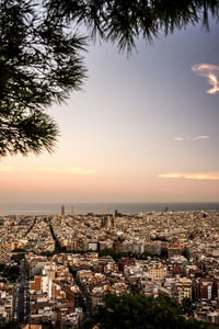 High angle view of townscape against sky at sunset