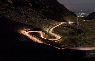 High angle view of light trails on road