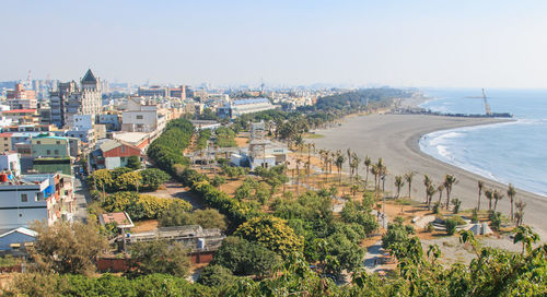 High angle view of beach against built structures