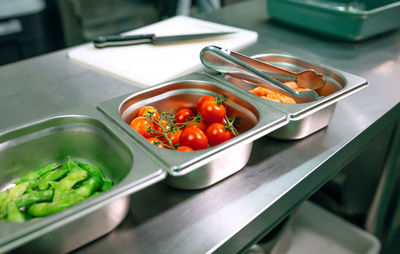 High angle view of food in bowl on table