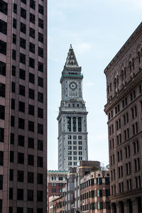 Low angle view of clock tower against clear sky in city