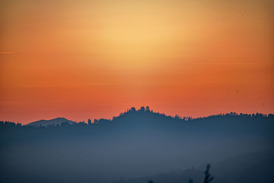 Scenic view of silhouette mountains against orange sky