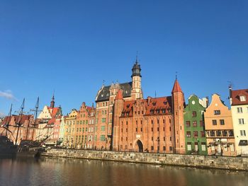 Lake in front of buildings against blue sky