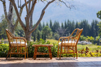 Empty chairs and table against trees in park