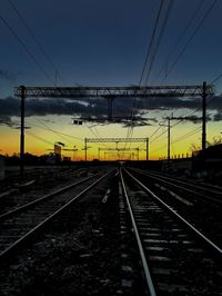 Railroad tracks against clear sky during sunset