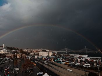 High angle view of rainbow over buildings in city