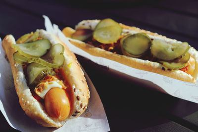 High angle view of hot dog in plate on table