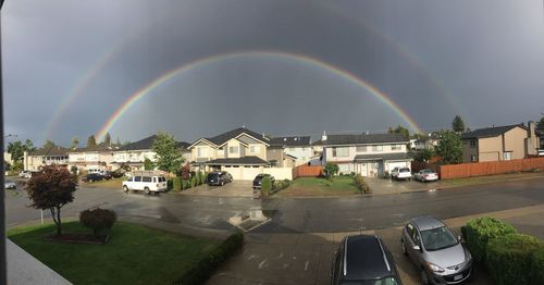 Rainbow over city buildings