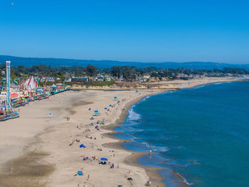 High angle view of beach against clear blue sky