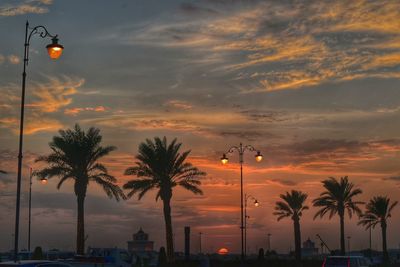 Silhouette palm trees against orange sky