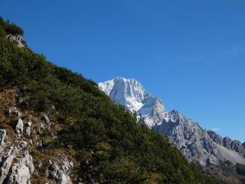 Scenic view of snowcapped mountains against clear blue sky