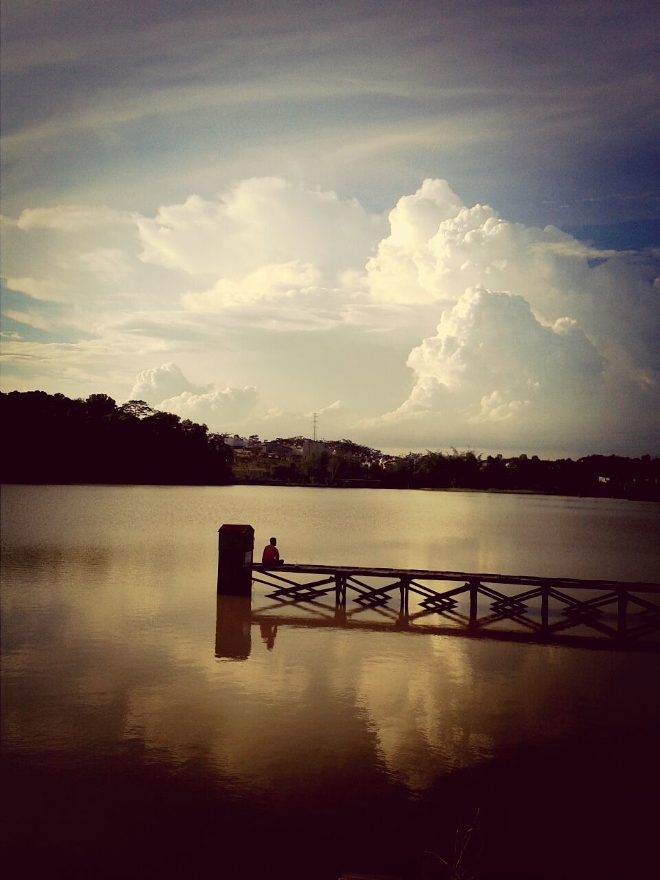 water, tranquility, tranquil scene, lake, scenics, sky, beauty in nature, reflection, nature, pier, cloud - sky, calm, railing, idyllic, mountain, river, sunset, waterfront, cloud, no people