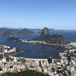 Aerial view of city by sea against clear blue sky