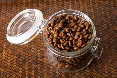 High angle view of coffee beans on table