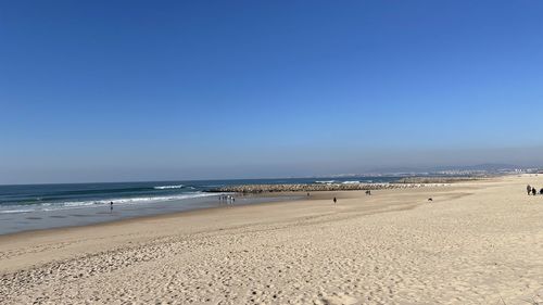 Scenic view of beach against clear blue sky
