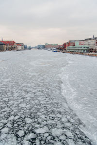 Scenic view of buildings against sky during winter