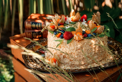 Close-up of fruits served on table