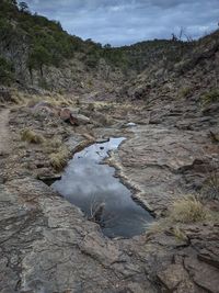 High angle view of water flowing through rocks