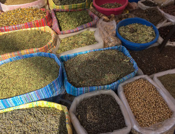 High angle view of spices for sale at market stall