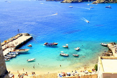 High angle view of boats on beach