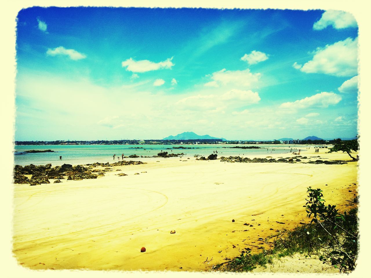 beach, sea, sand, water, shore, sky, transfer print, tranquil scene, scenics, tranquility, beauty in nature, horizon over water, auto post production filter, blue, nature, incidental people, coastline, cloud - sky, panoramic, cloud