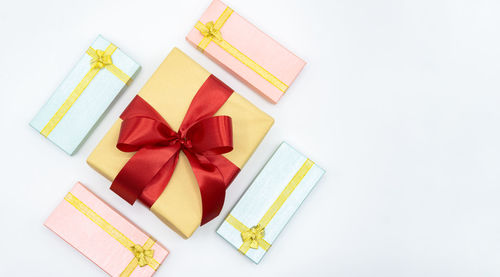 High angle view of various box on white background