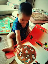 High angle view of boy playing