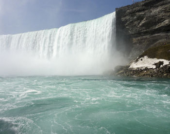 Scenic view of waterfall against sky