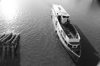 High angle view of ship sailing in sea