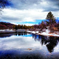 Scenic view of lake against cloudy sky