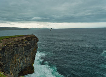 A man fishing on top of downpatrick cliff with a seagull gliding in the air. 