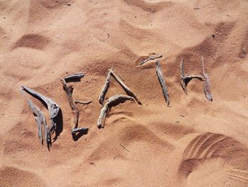 Close-up of text on sand