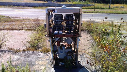 High angle view of abandoned truck on field