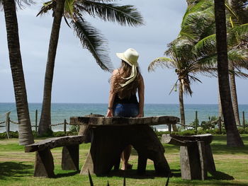 Rear view of woman by palm tree against sea