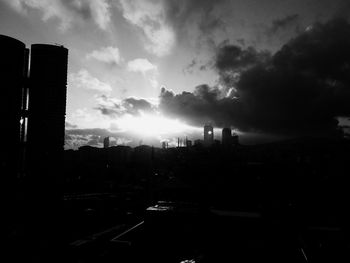 Silhouette of buildings against cloudy sky