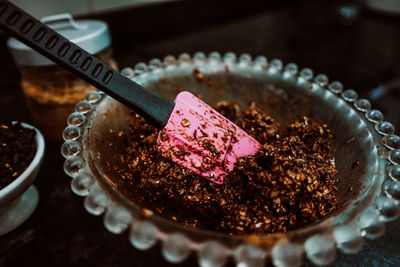 High angle view of chocolate cake