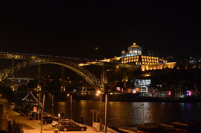 Illuminated bridge over river in city against sky at night