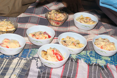 High angle view of food served on table