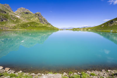 Scenic view of lake by mountains against clear blue sky