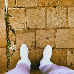 Low section of man standing on cobblestone