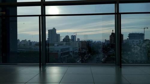 Cityscape seen through window