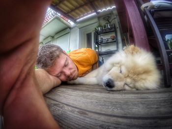 Dog sleeping with man on flooring at home