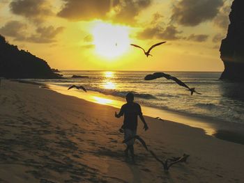 Silhouette man flying over beach against sky during sunset