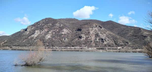 Scenic view of lake against cloudy sky