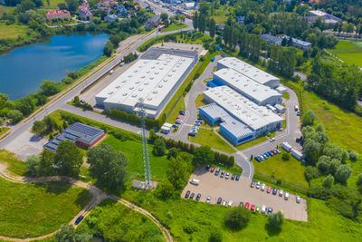 Aerial view of goods warehouse. logistics center in industrial city zone from above. aerial 