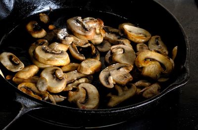 High angle view of meat in cooking pan