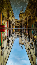 Reflection of buildings in puddle