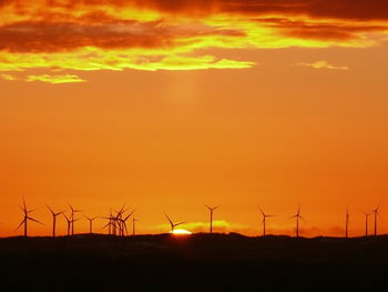 Wind turbines on field at sunset